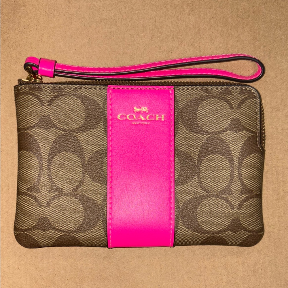 Coach Signature Brown and Pink Wristlet